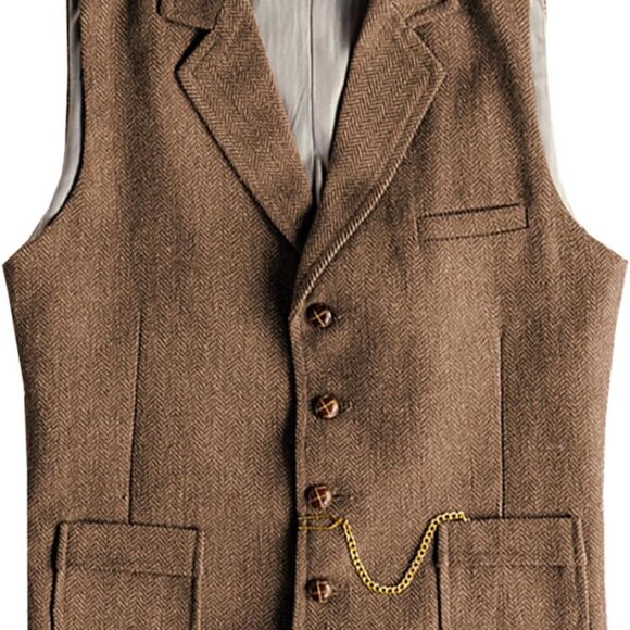 Men's Tweed Suit Vest Western Herringbone Wool Casual Waistcoat for Groomsman